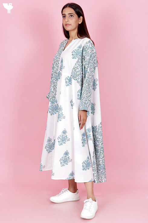 Cambric Cotton Dress  In Floral Block Print